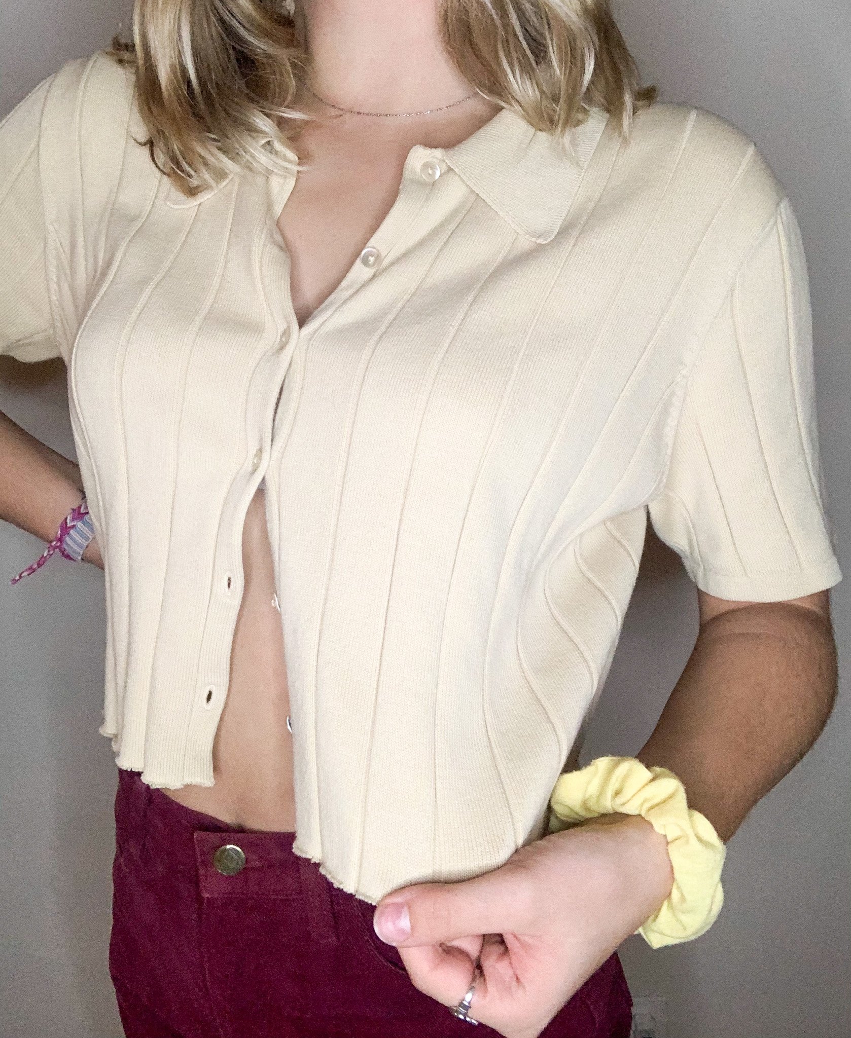 Picture of a top and maroon bottoms with me as the model