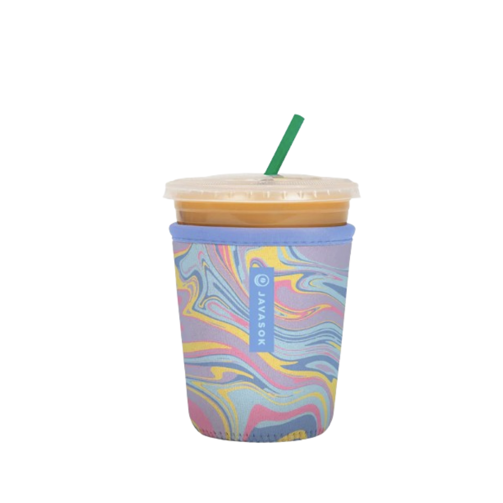 iced coffee in a pastel drink coozie with swirling pattern