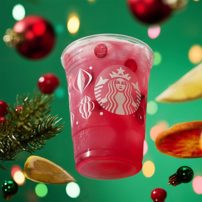 starbucks product shot of cranberry lemonade with fruit in the background