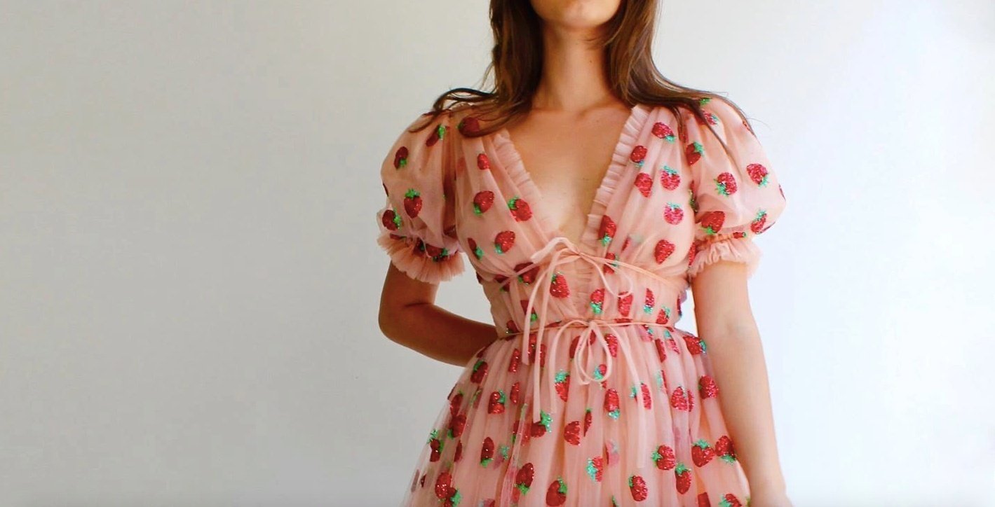Lirika Matoshi strawberry midi dress on model