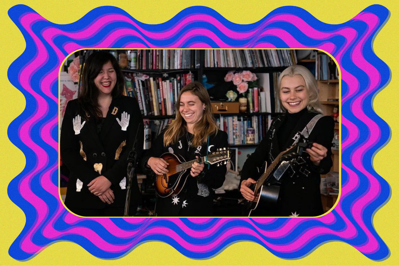 boygenius performing on npr\'s \"tiny desk.\"
