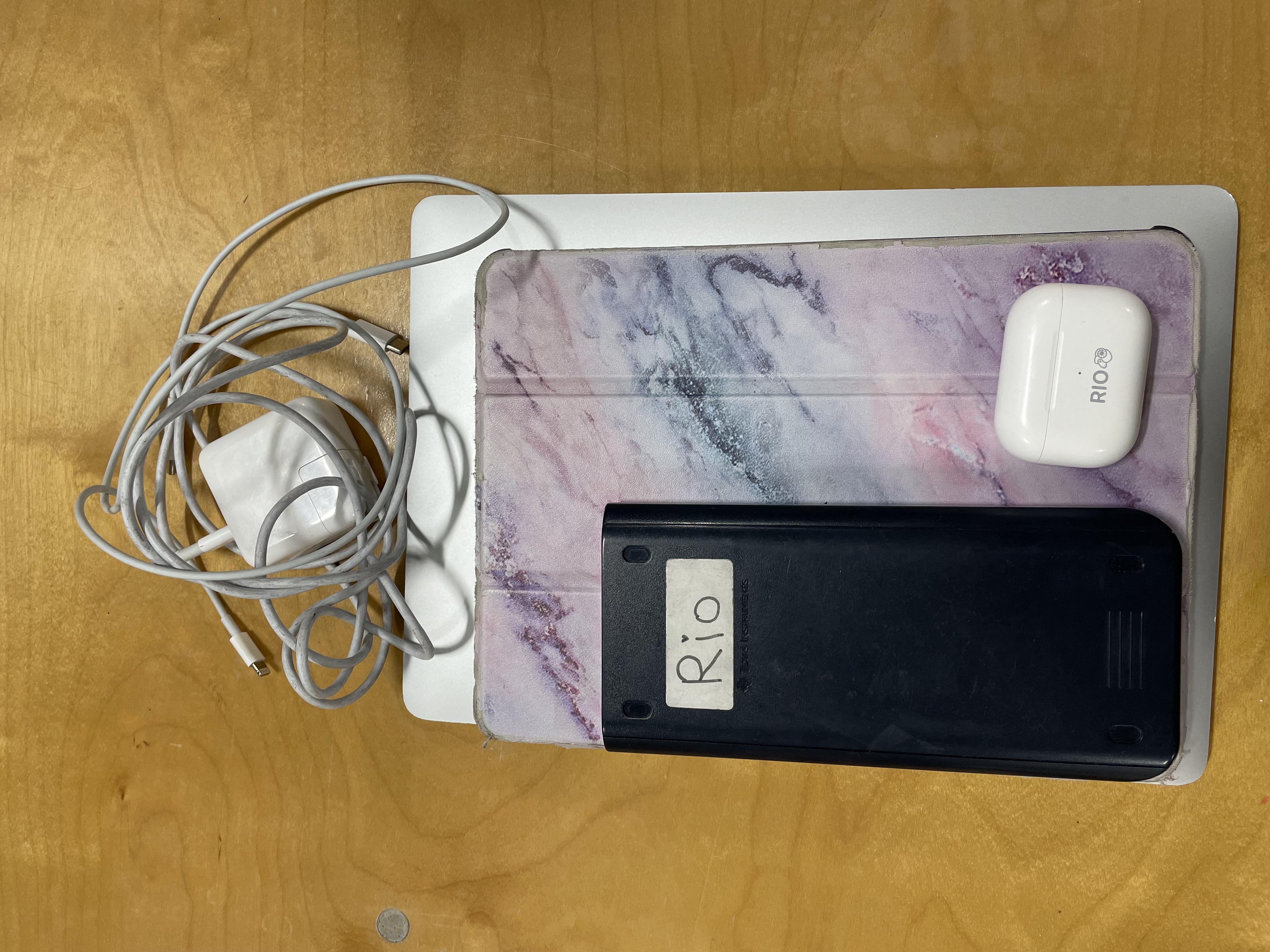Laptop, airpods, charger, ipad