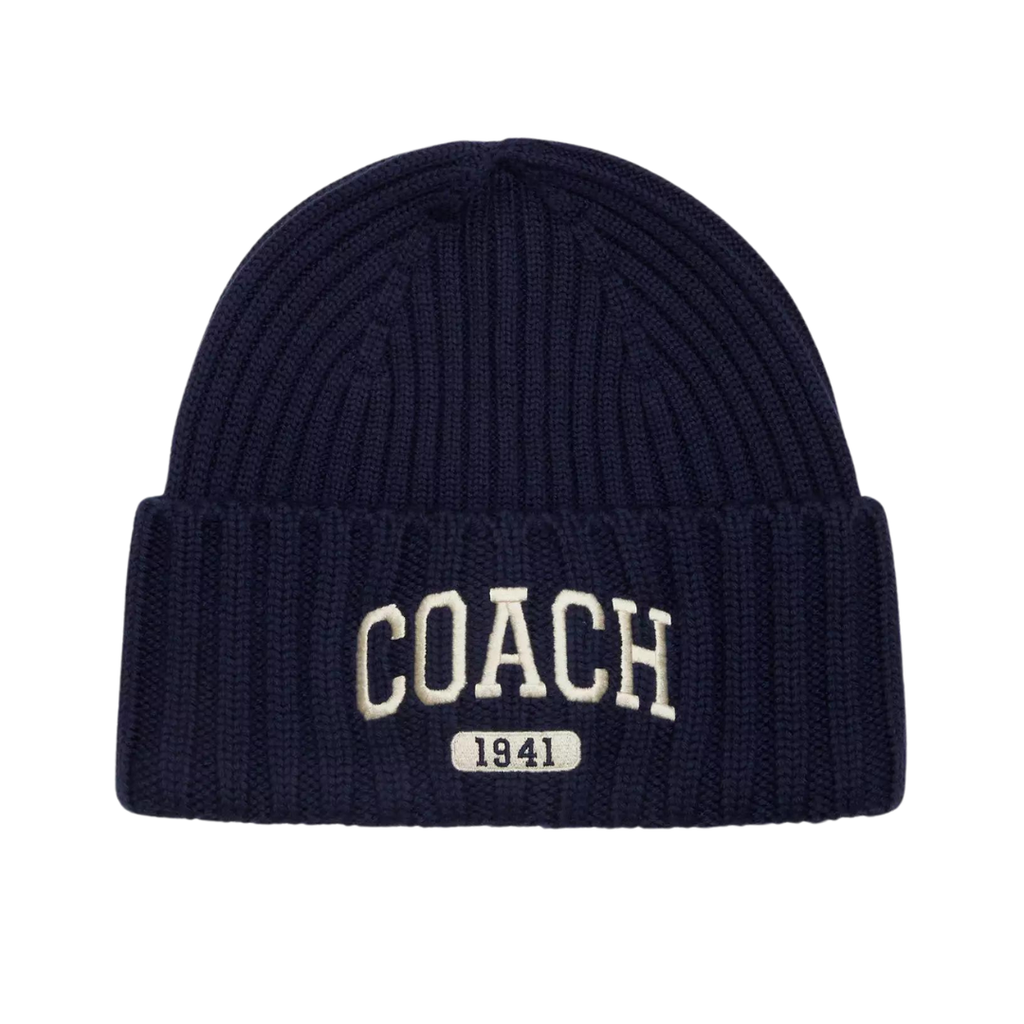 navy knit beanie with embroidery