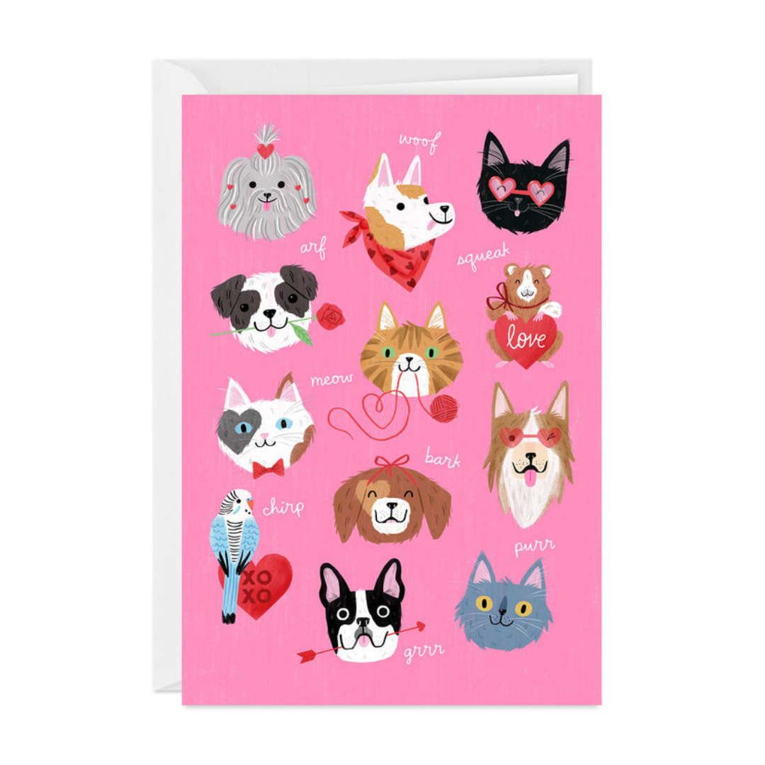 Illustrated card features cute animal faces, including dogs, cats, and a parrot, on a pink background. Decorative text like “woof” and “purr” adds a playful tone.