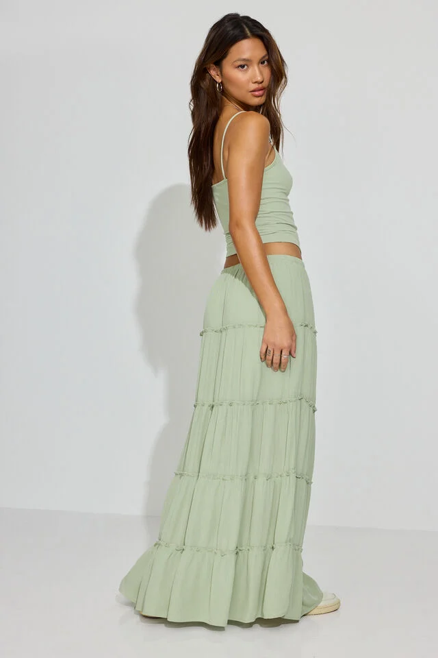 sage green tiered maxi skirt