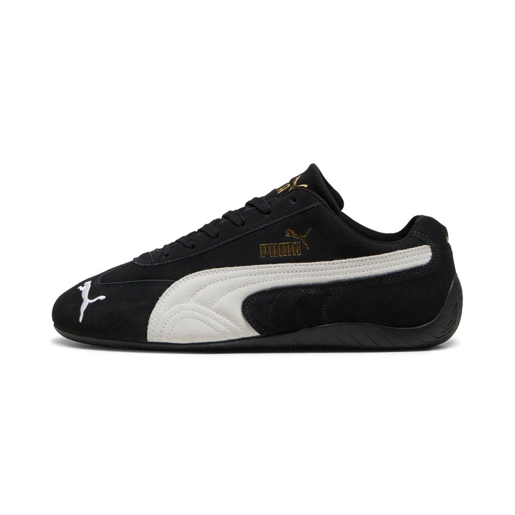 black and white suede sneaker with black sole