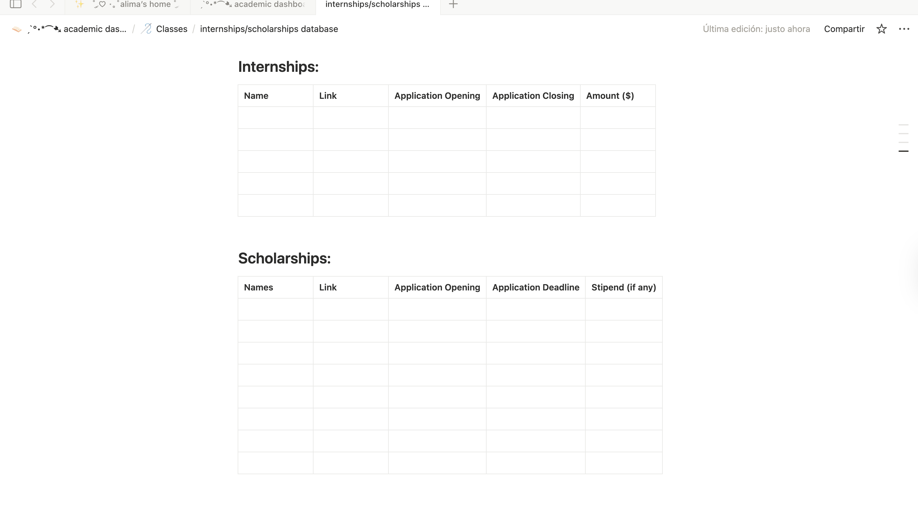 Internship and Scholarship database template