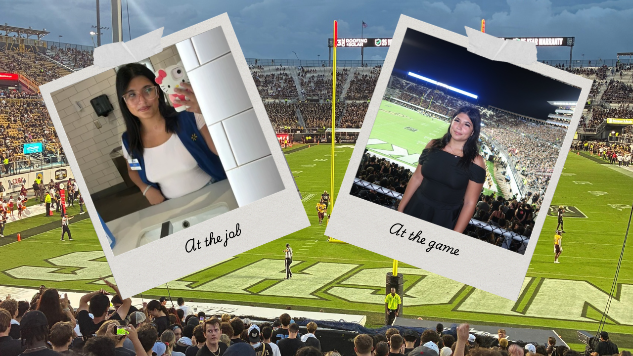 Me at the football game, me at work