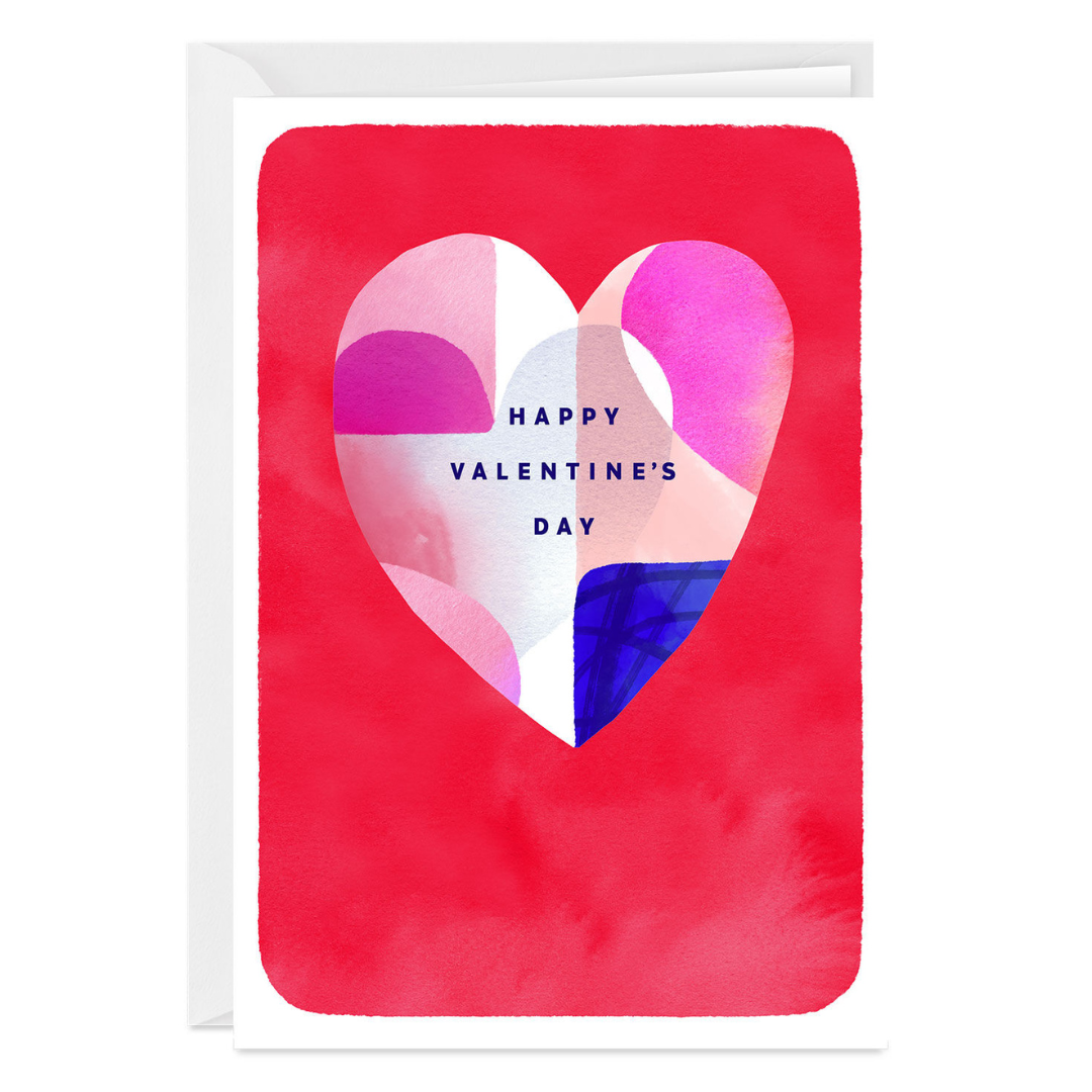 red valentine\'s day card with multi-colored abstract heart illustration and text that reads \