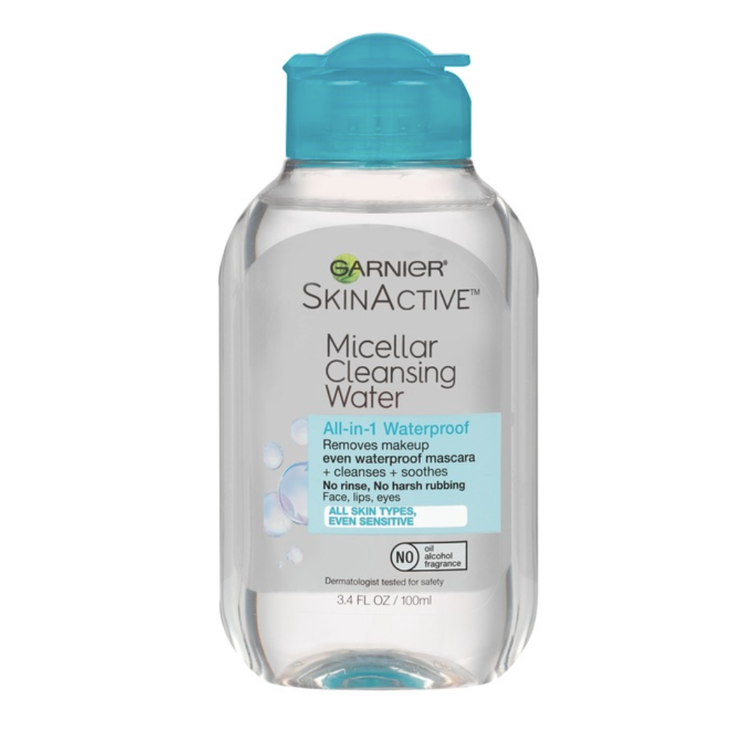 clear bottle of micellar water with a blue cap
