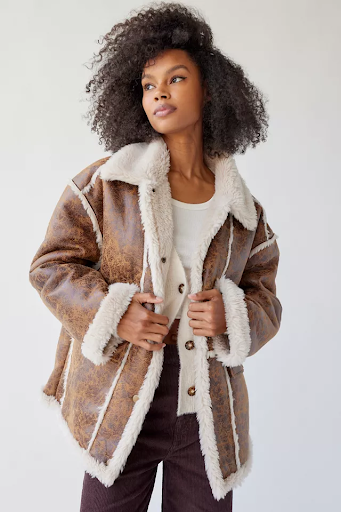 brown suede sherpa jacket 70s outfit