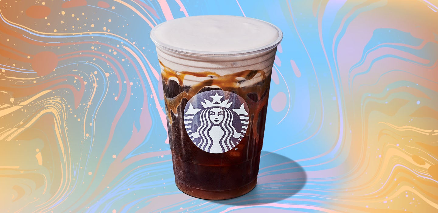starbucks Chocolate Cream Cold Brew with Caramel Syrup in a Caramel Lined Cup