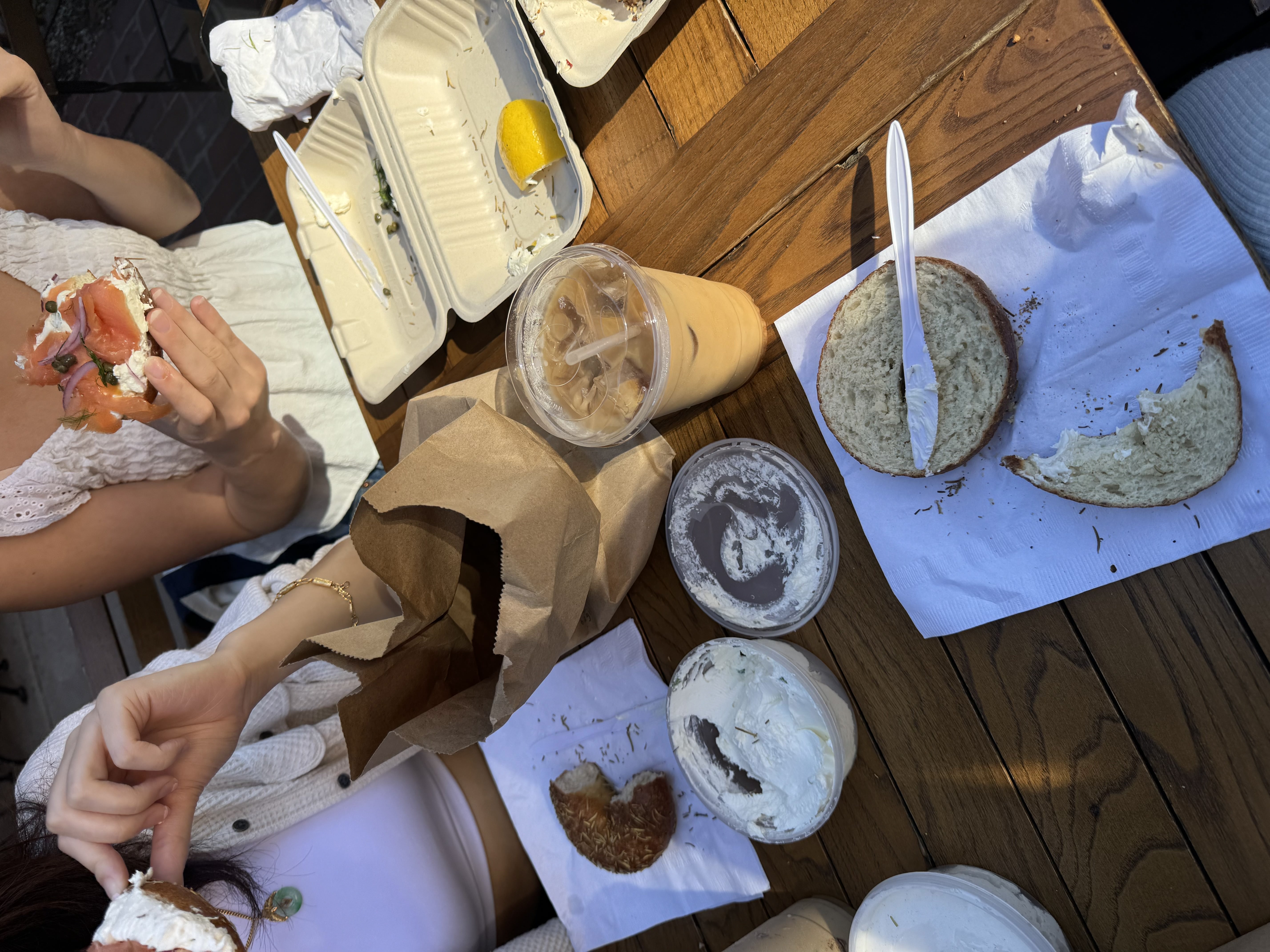 bagels and coffee on a table