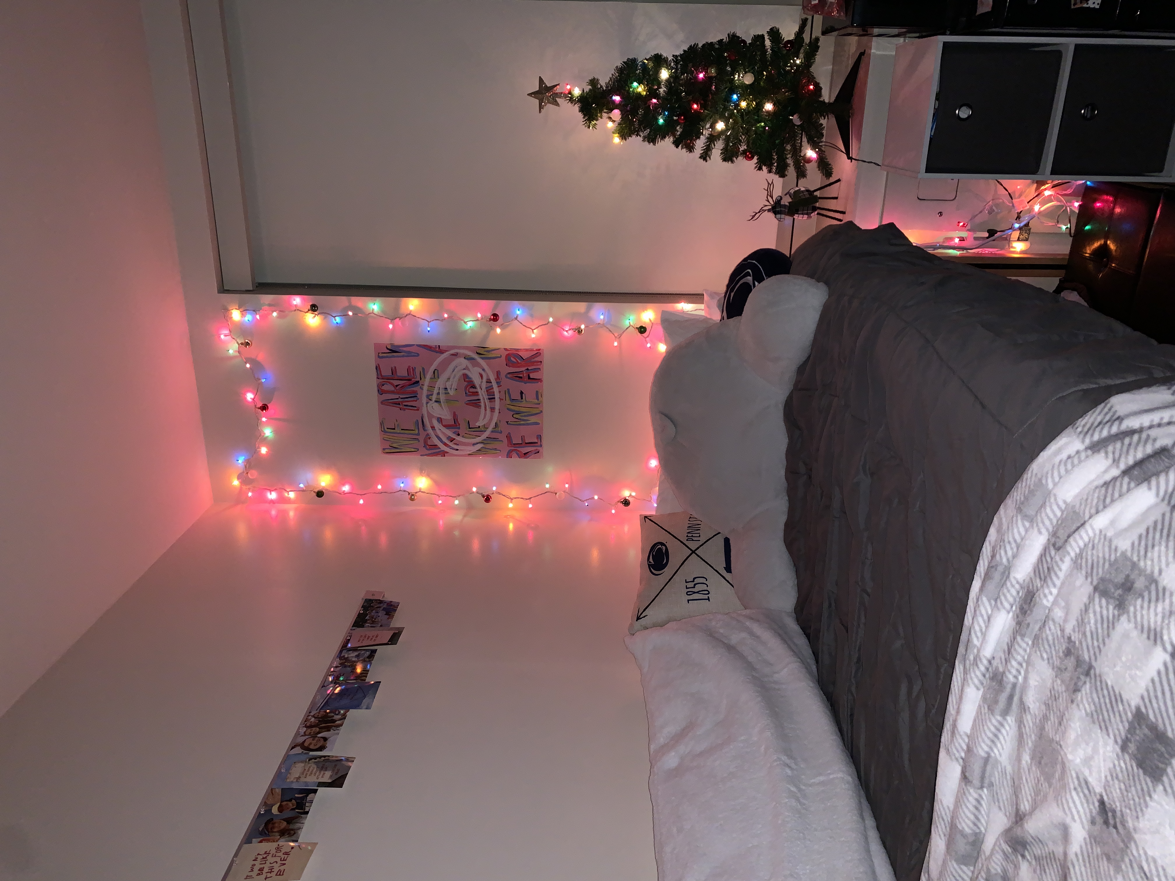 Picture of my dorm bed decorated for Christmas