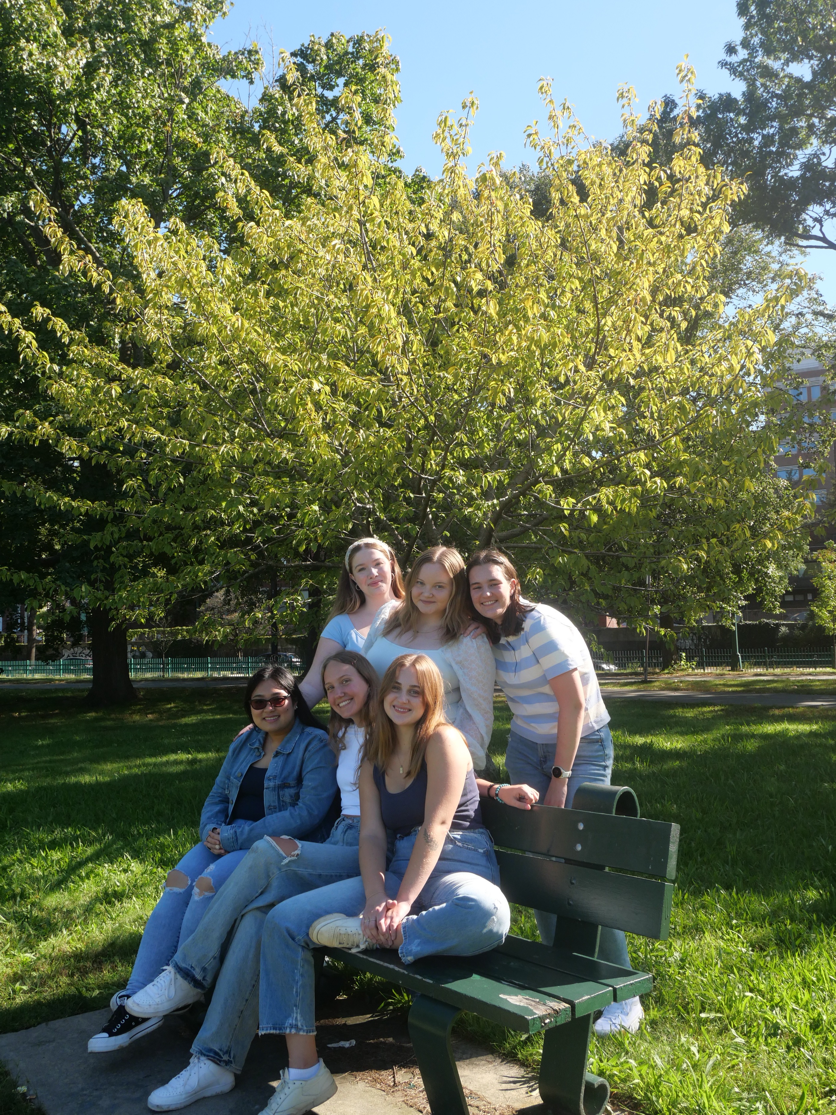 friends sitting on a bench in nature