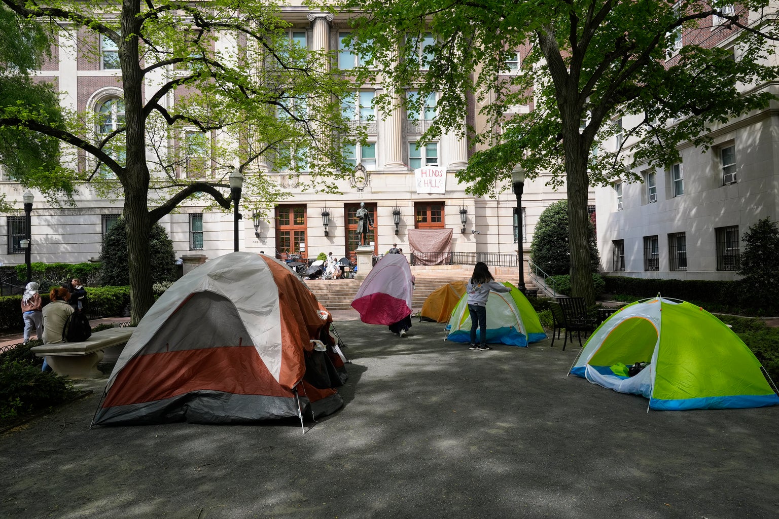 NEW YORK, NEW YORK - APRIL 30: Student protesters camp outside Hamilton Hall on the campus of Columbia University on April 30, 2024 in New York City. All classes at Columbia University have been held virtually today after school President Minouche Shafik announced a shift to online learning in response to recent campus unrest.