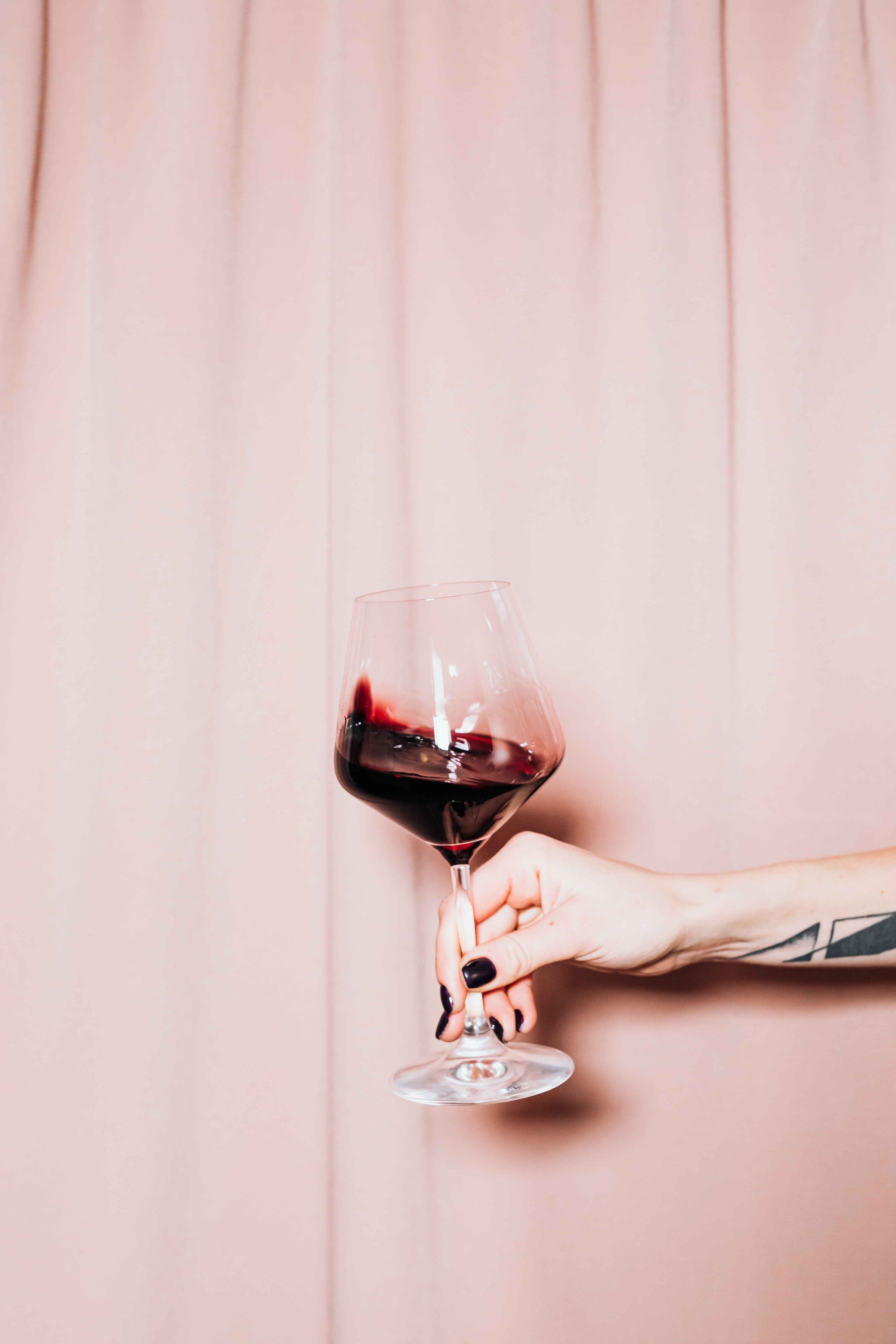 person holding clear wine glass with red wine