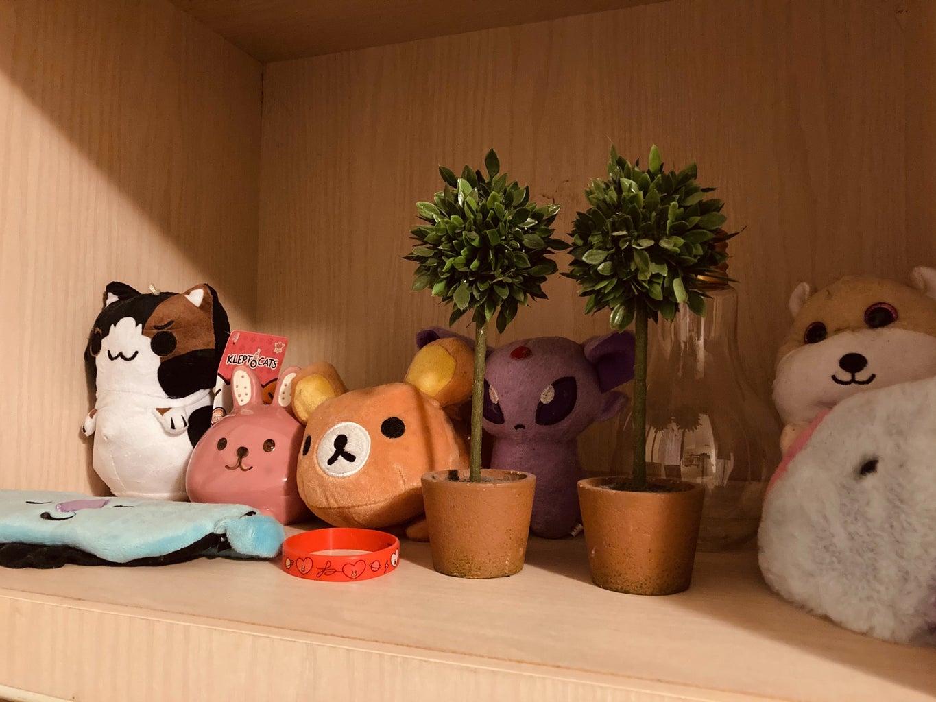 Photo from shelf of plushies and other items in room