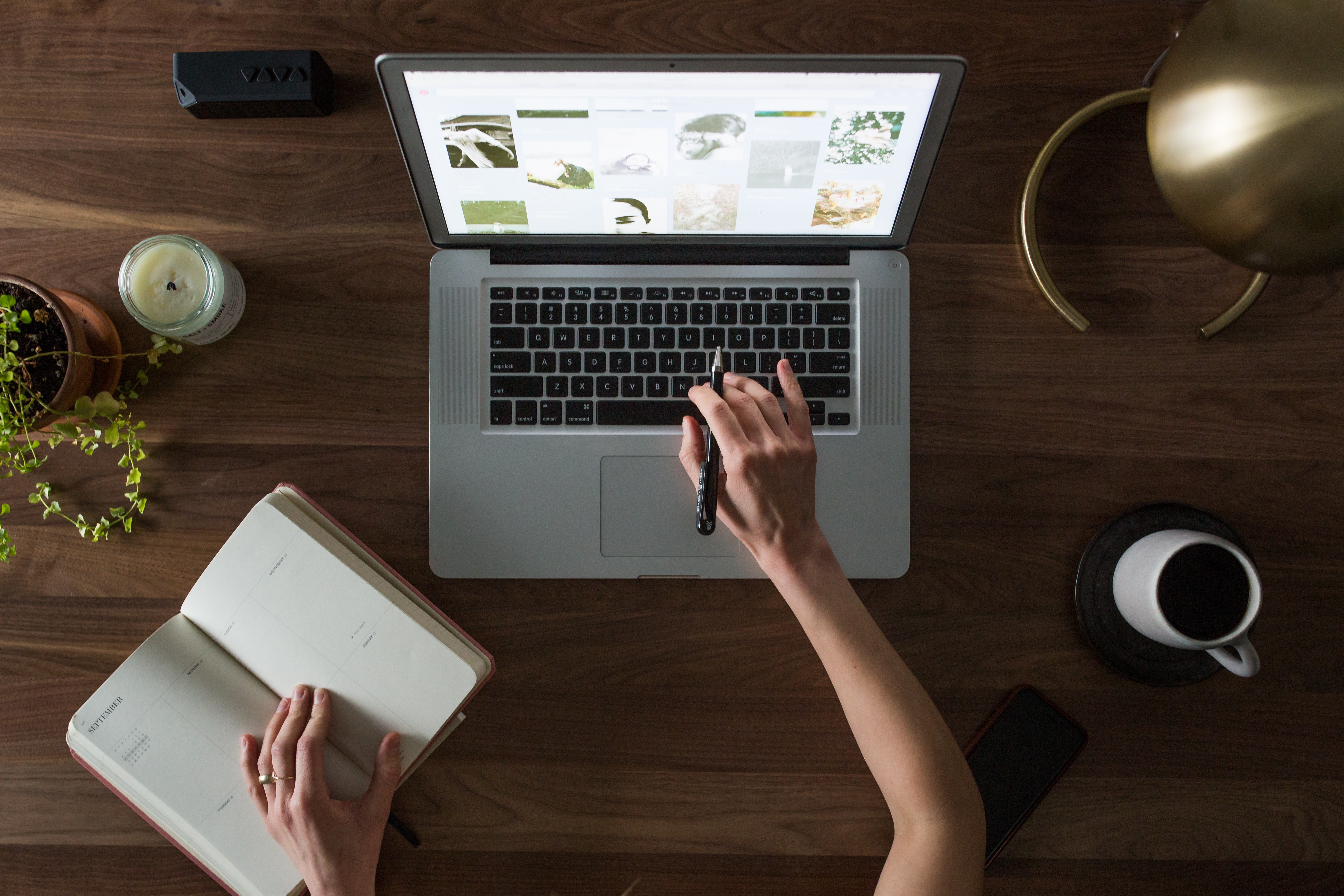 planner and computer and plant on desk