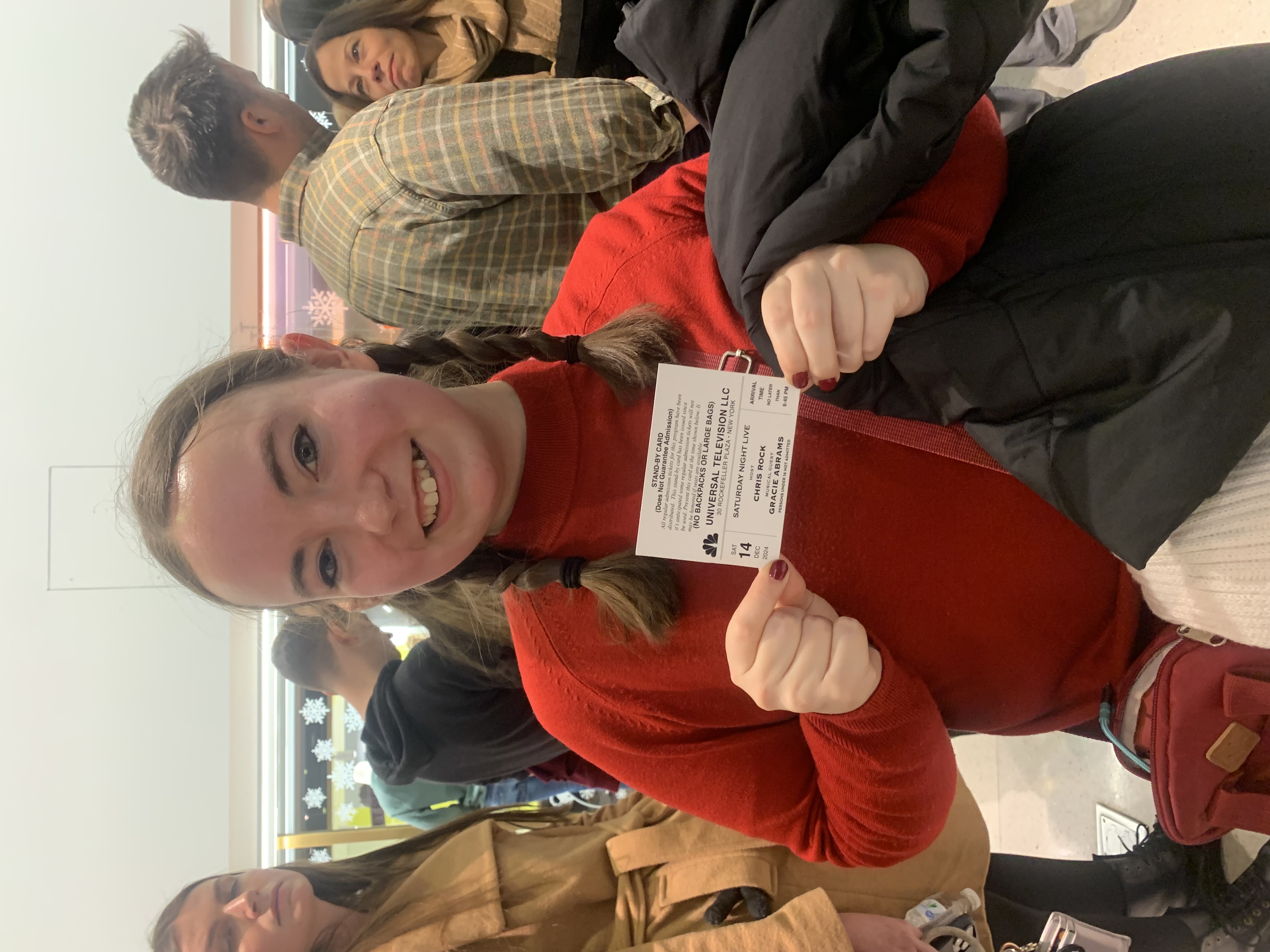 Abby Gibson with her SNL Stand-by ticket waiting in line Saturday night.