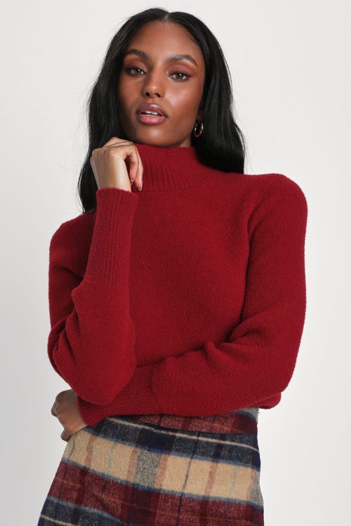 Lulus Endlessly Cozy Red Fuzzy Long Sleeve Mock Neck Sweater