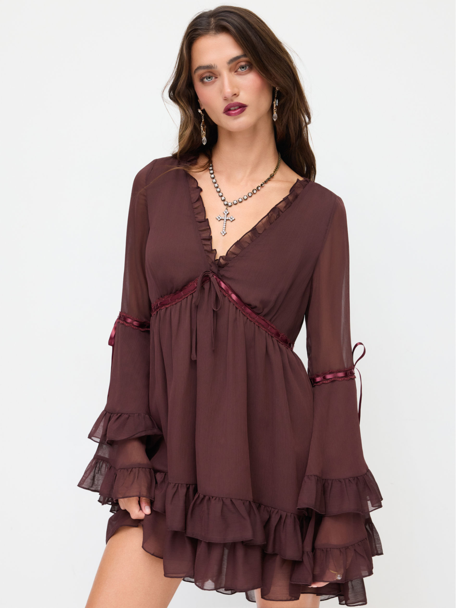 Cider Chiffon V-neck Lettuce Trim Bowknot Ruffle Mini Dress