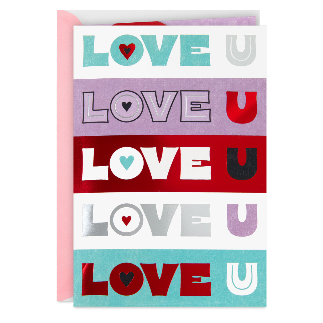 teal, purple, and red card that reads \