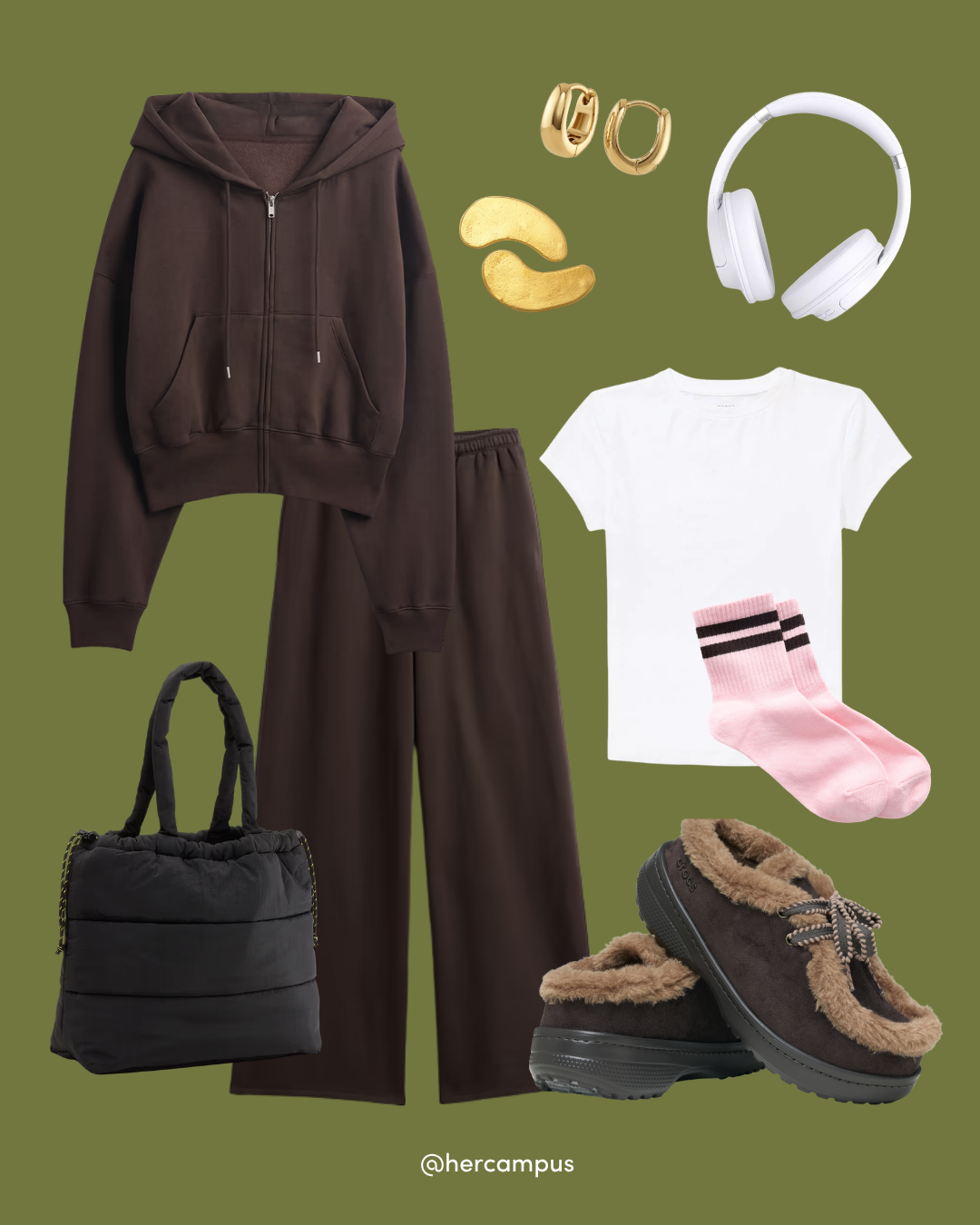 A brown zip-up hoodie and matching pants, white t-shirt, pink striped socks, brown fur-lined slip-on shoes, black quilted tote bag, white headphones, gold hoop earrings, and under-eye patches.