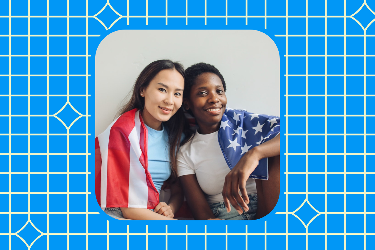 two girls with an american flag