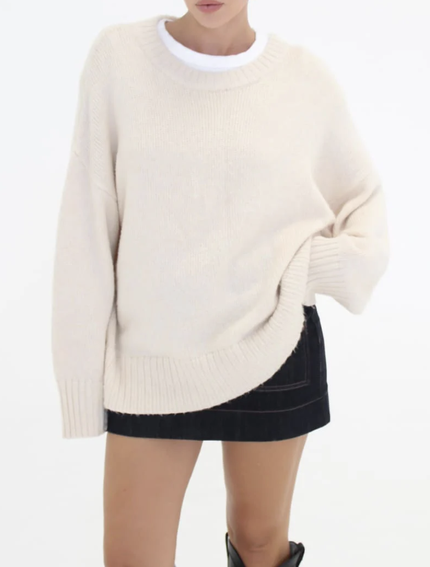 Cream sweater and jean skirt outfit