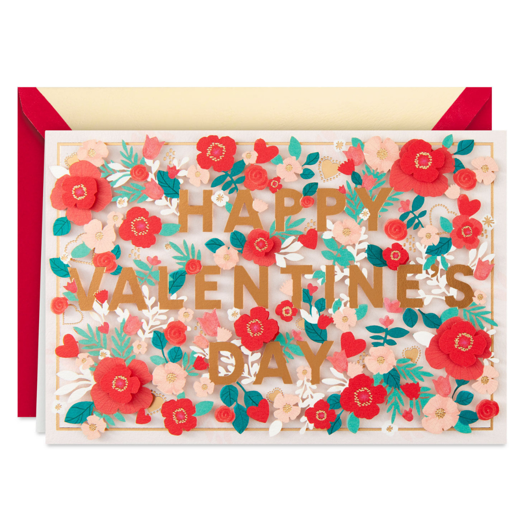 valentine\'s day card with red and pink illustrated florals