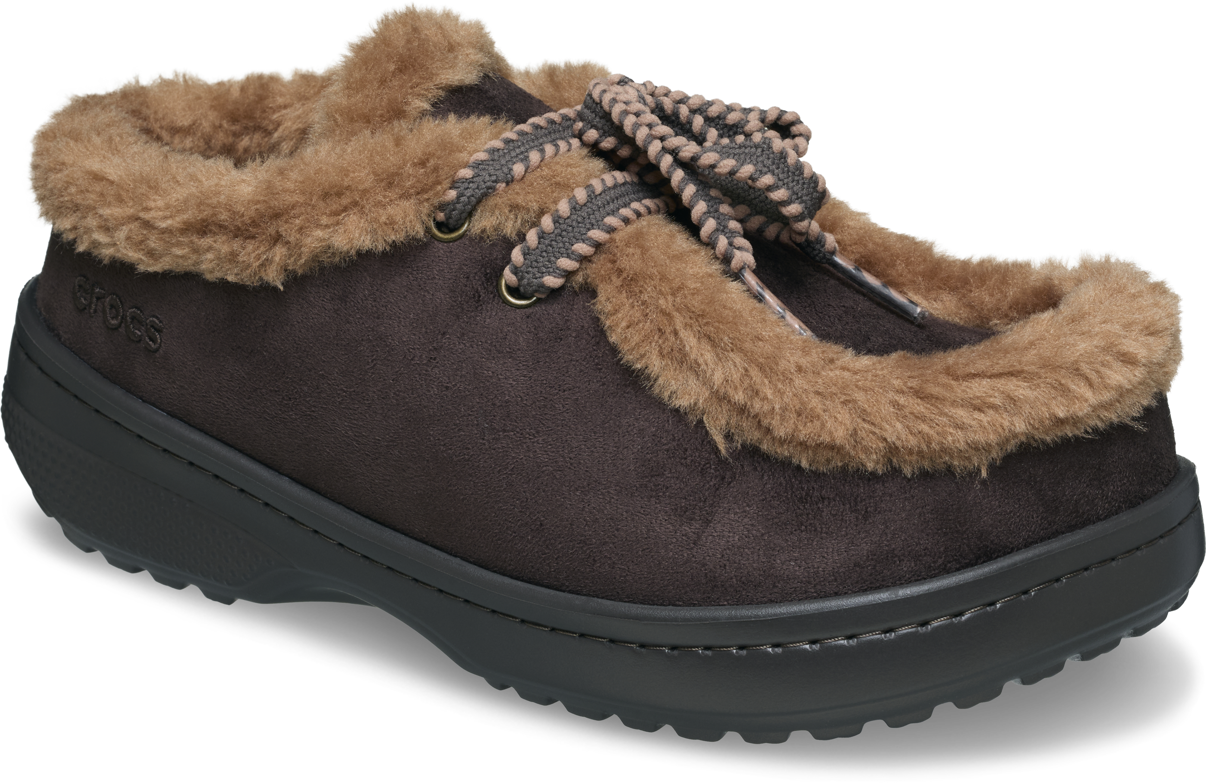 A single dark brown suede slip-on shoe with thick tan faux-fur lining, braided laces, and a chunky black sole, styled for cozy winter wear.