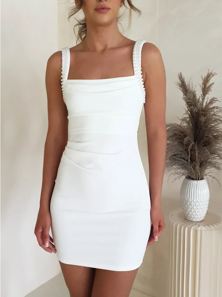 Sthente Square Neckline Bead Embellished Ruched Mini Dress