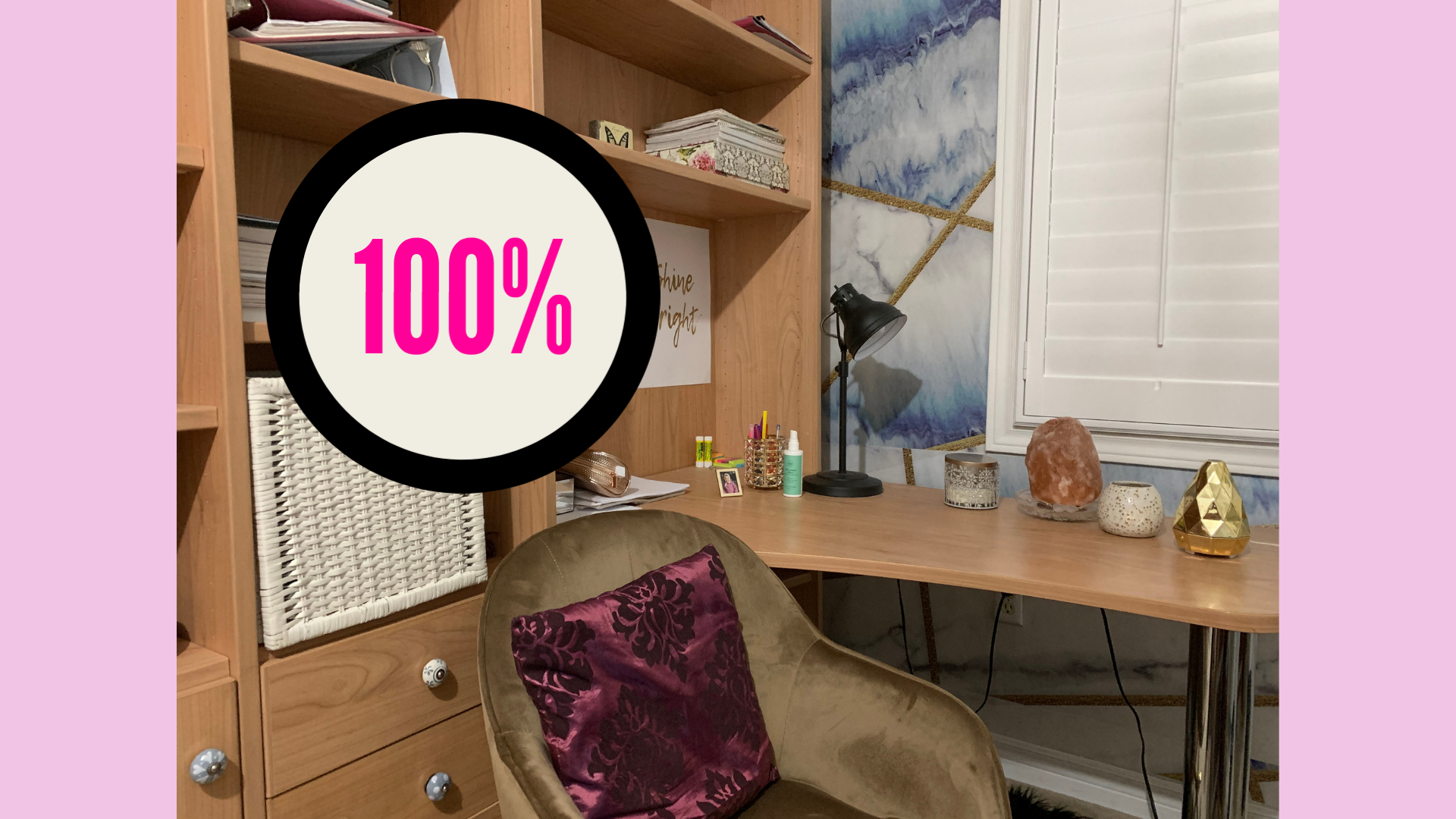 At-home study space with an icon that reads \"100%\"