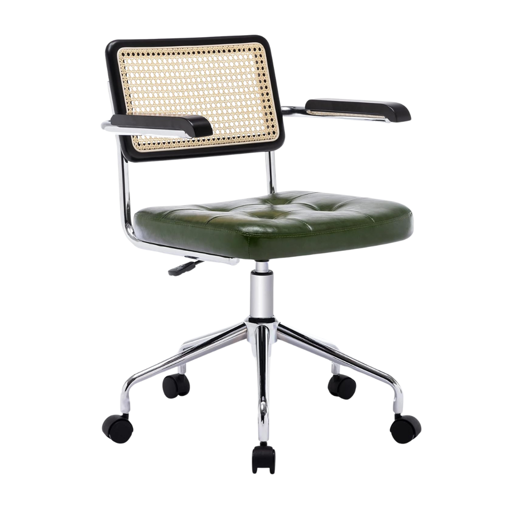 dark green office chair with wheels and rattan back