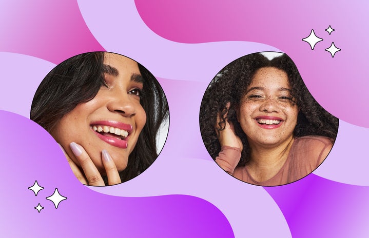 two smiling women on a purple wavy background
