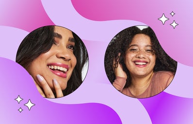 two smiling women on a purple wavy background