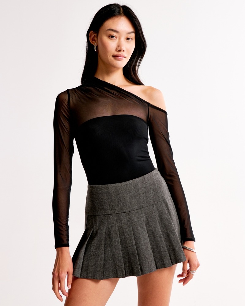Abercrombie & Fitch Long-Sleeve Asymmetrical Draped Mesh Bodysuit