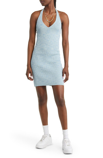 blue ribbed mini halter dress