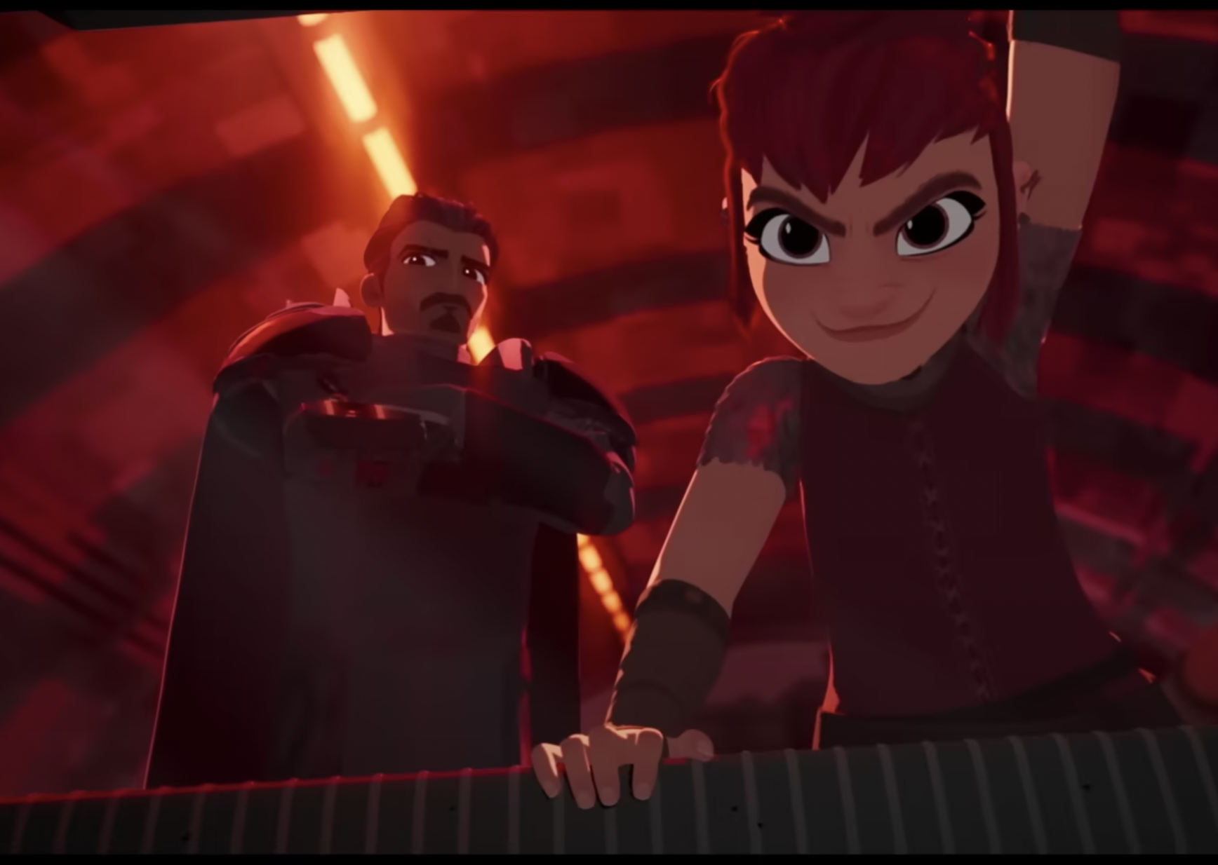 Screenshot from the trailer for the movie \'Nimona,\' showing Nimona and Ballister.