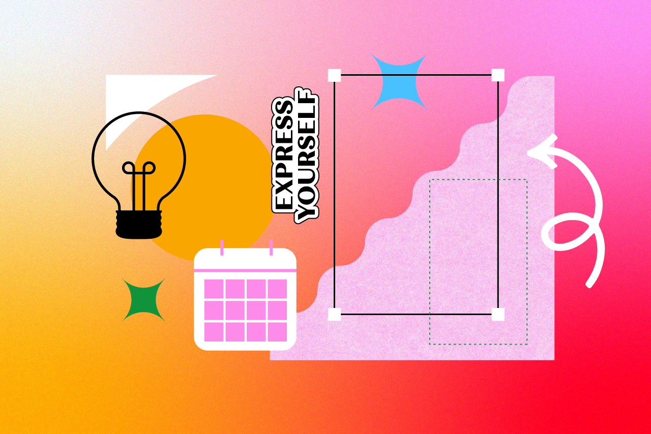 Pink and orange background with graphic design elements and illustrations and text that says \"express yourself.\"
