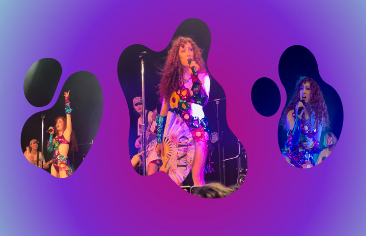 chappell roan collage performing onstage, singing, purple background