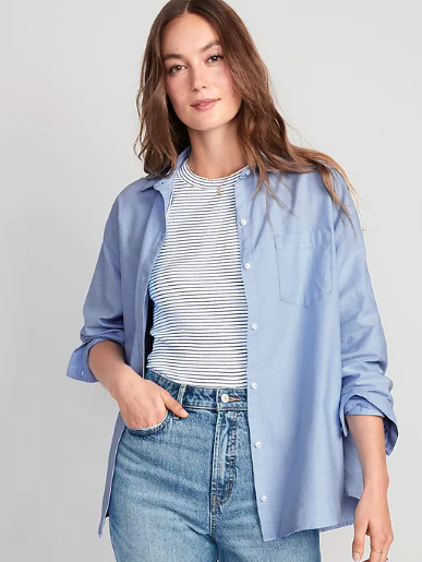 blue shirt office friendly outfit