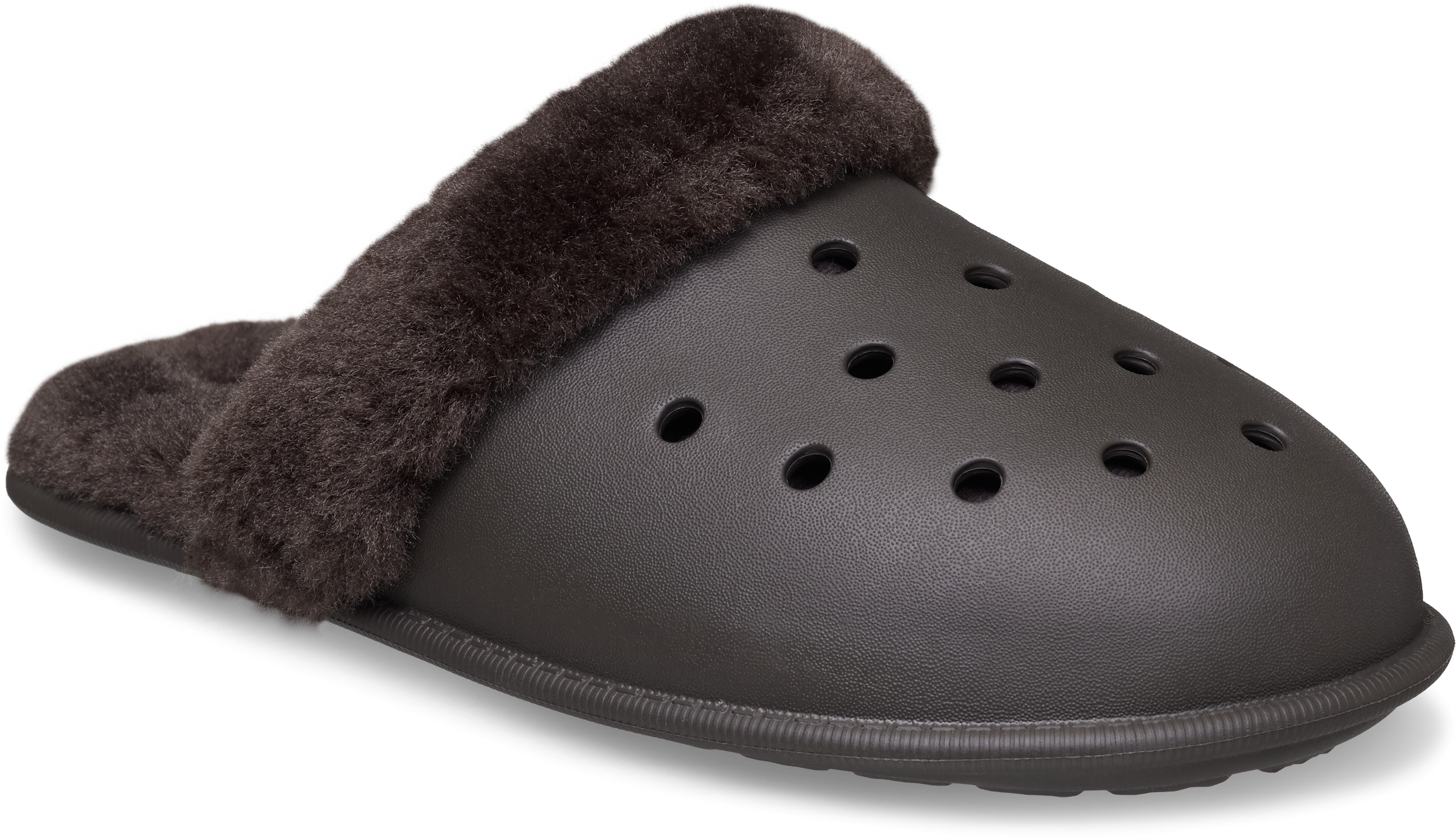A brown clog-style slipper with a plush fleece lining is shown against a black background, conveying a cozy, practical feel.