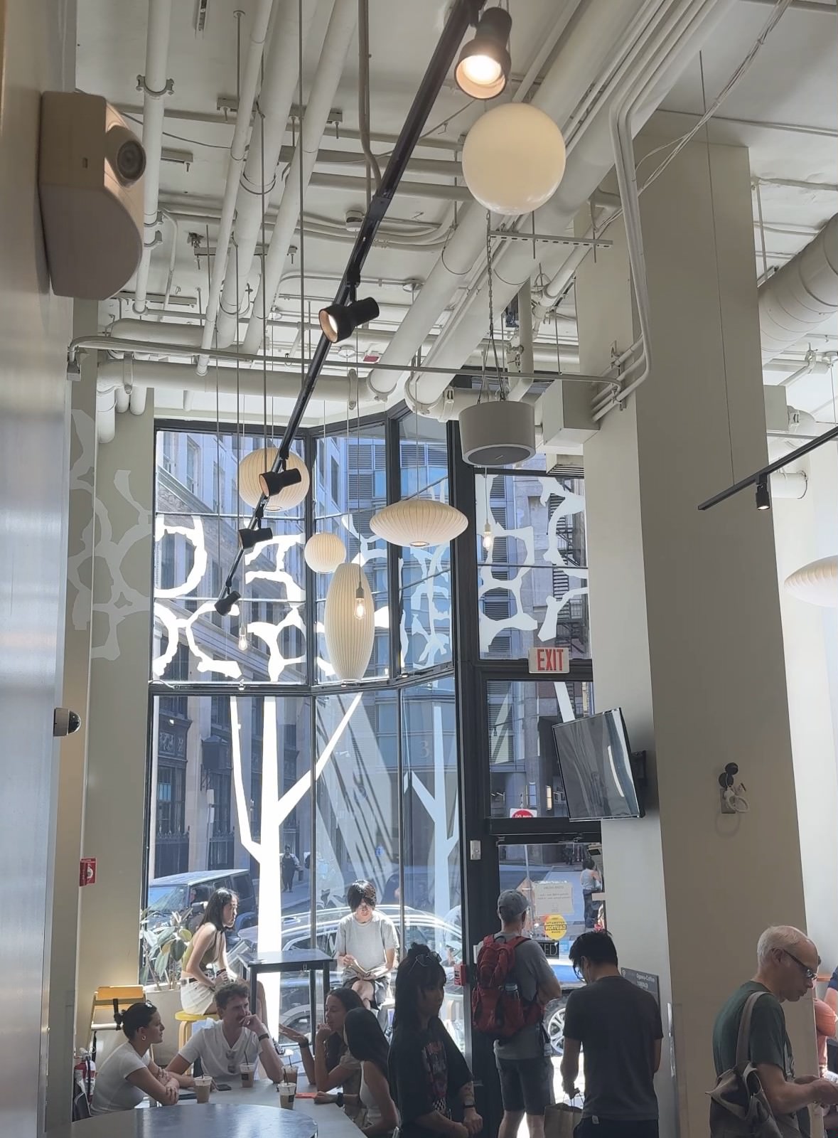 interior of a cafe with a large window