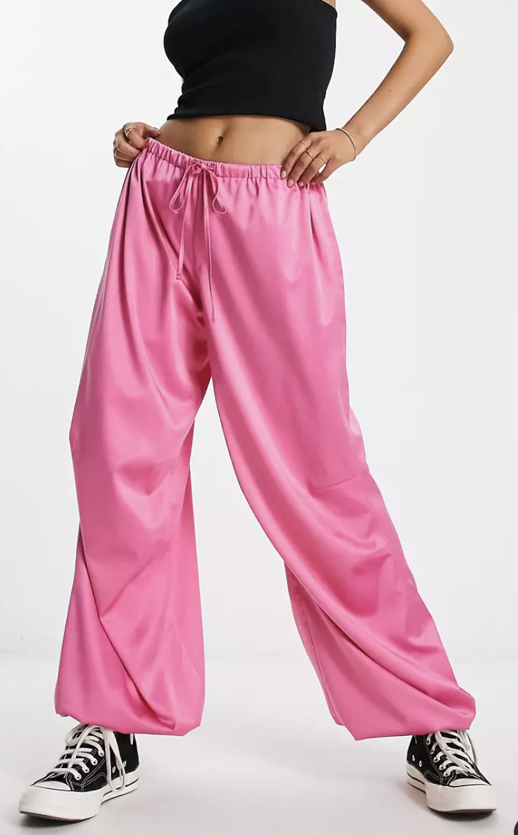 ASOS DESIGN satin parachute pants in pink