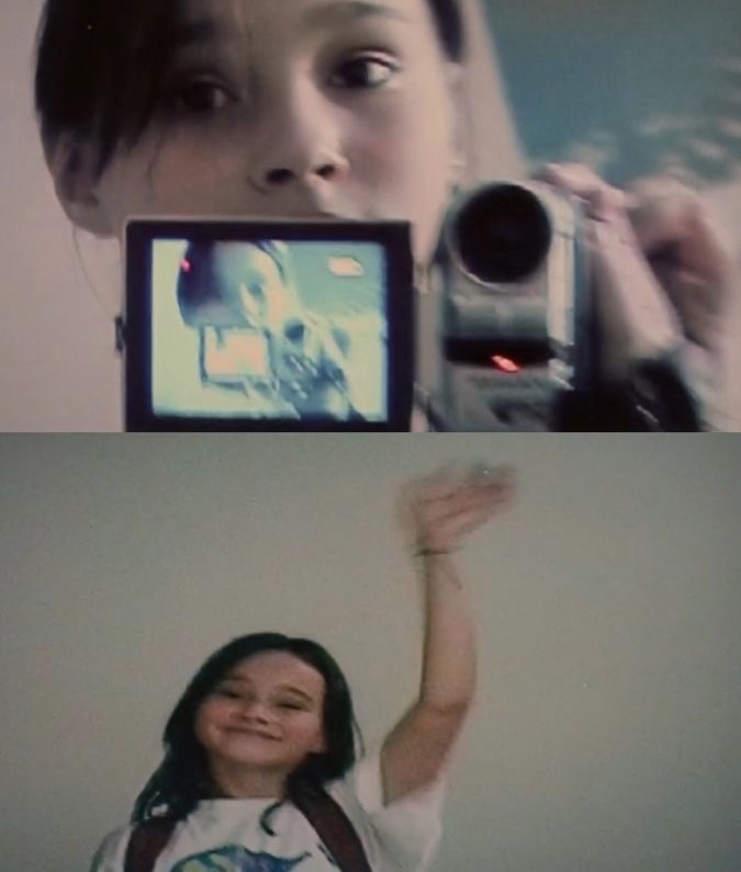 Photos of young actress waving and recording herself in the mirror.