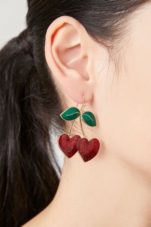 Glitter Heart Cherry Drop Earrings