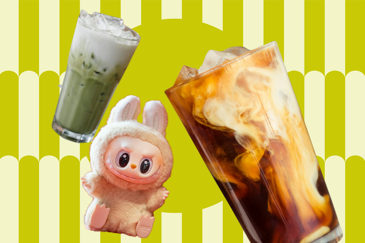 A green matcha latte, a white Labubu, and an iced coffee pasted onto a green and off-white background.