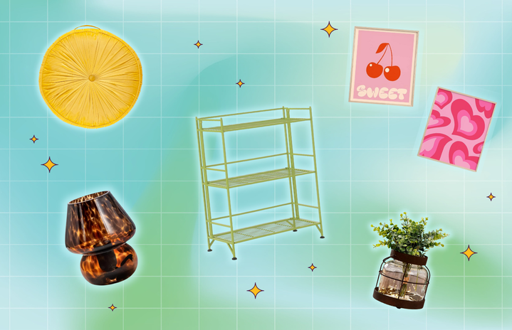 A collage with a yellow floor pillow, tiered metal rack, cherry print, abstract pink print, tortoiseshell lamp, potted plant, all against a grid pattern background with star accents.